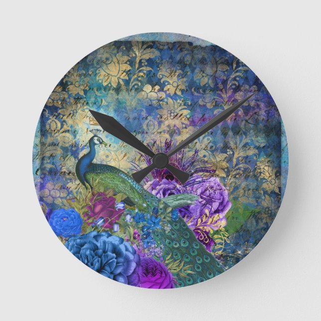 Aquamarine Peacocks Pfau Französisch Acrylklemme U Runde Wanduhr (Vorderseite)