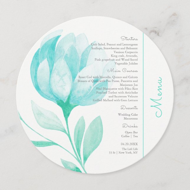 Aquamarine Peonies Wedding Circle Menu Menükarte (Vorderseite)