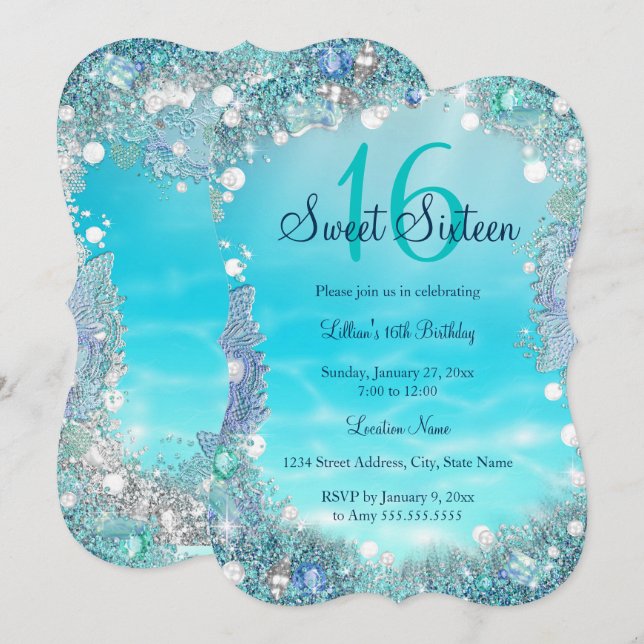 Aquamarine Perlen des Blauen Ozeans Sweet 16 Party Einladung (Vorne/Hinten)