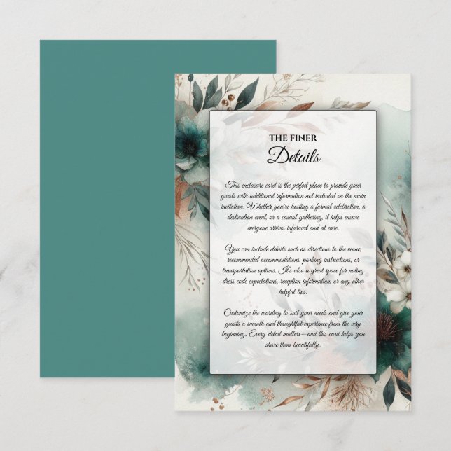 Aquamarine Petals in Bronze Bloom Wedding Begleitkarte (Vorne/Hinten)