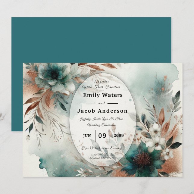 Aquamarine Petals in Bronze Bloom Wedding Einladung (Vorne/Hinten)