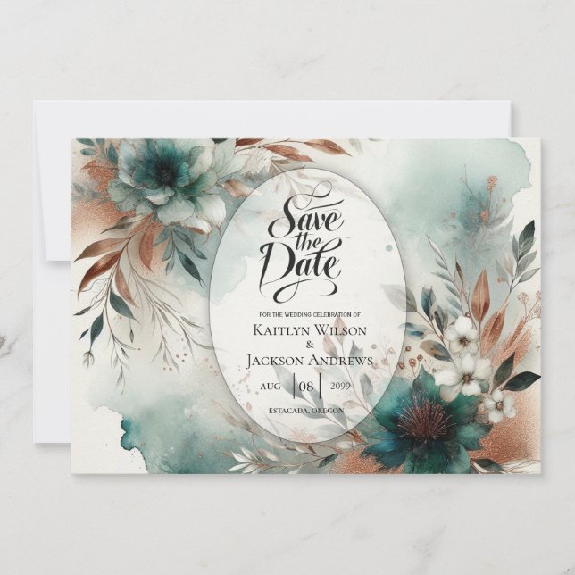 Aquamarine Petals in Bronze Bloom Wedding Save The Date (Vorderseite)