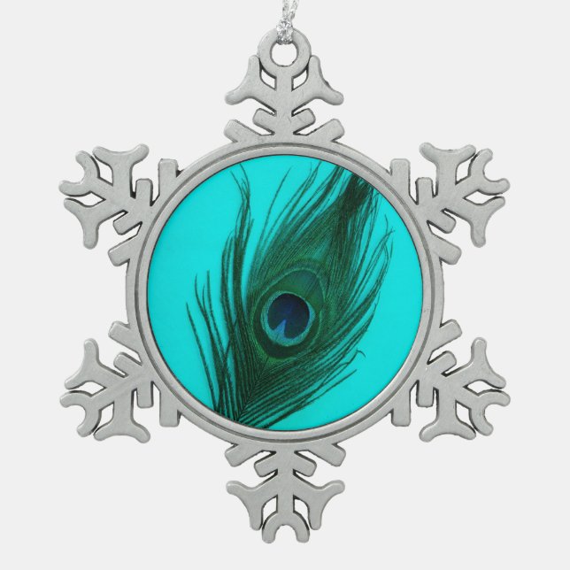 Aquamarine Pfau-Feder Schneeflocken Zinn-Ornament (Vorderseite)