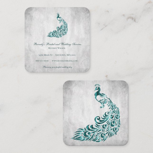 Aquamarine Pfauenhochzeiten und Bridaldienstleistu Quadratische Visitenkarte (Vorne/Hinten)
