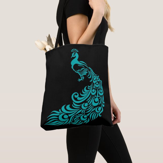 Aquamarine Pfauenwanne Silhouette Black Tote Tag Tasche (Von Nahem)