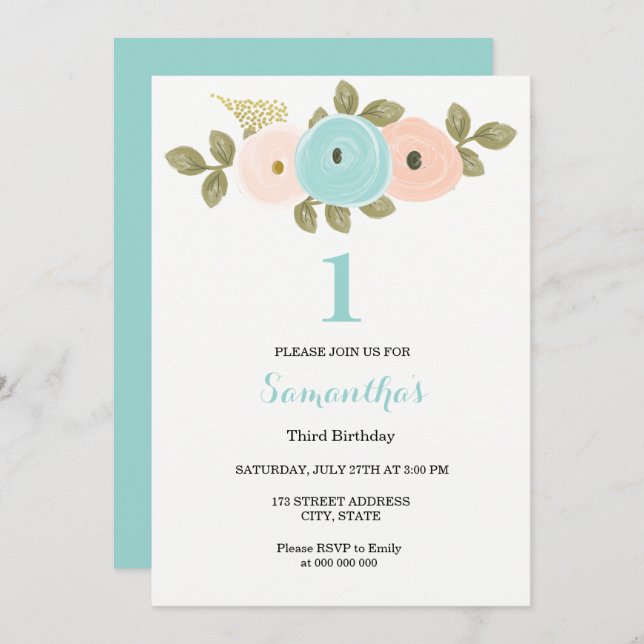 Aquamarine Pfirsichblume Mädchen oder Junge 1. Geb Einladung (Vorne/Hinten)