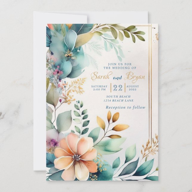 Aquamarine Pfirsichblütengrün Goldene Hochzeit Ein Einladung (Vorderseite)