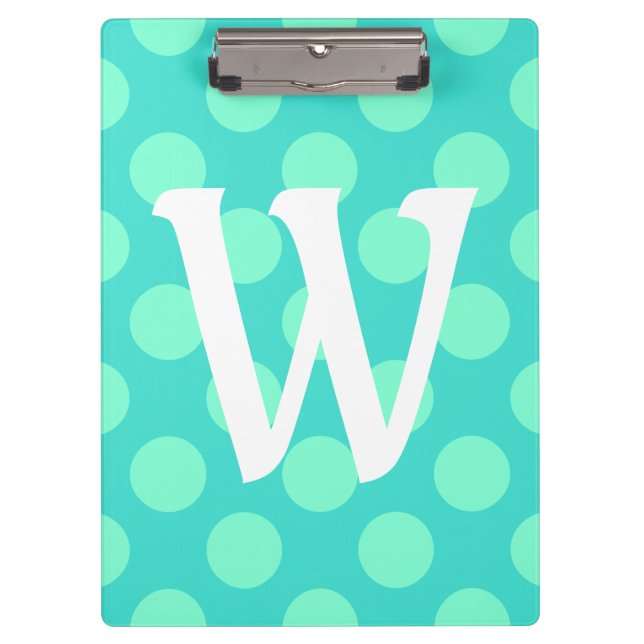 Aquamarine Polka Dot Single Letter Monogram Klemmbrett (Vorderseite)