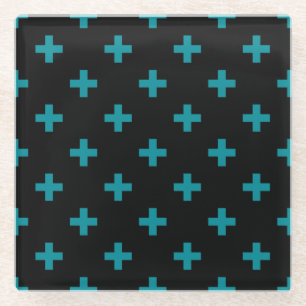 Aquamarine Polka-Kreuze auf schwarz Glasuntersetzer