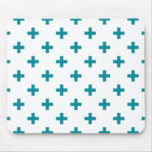 Aquamarine Polka-Kreuze auf Weiß Mousepad