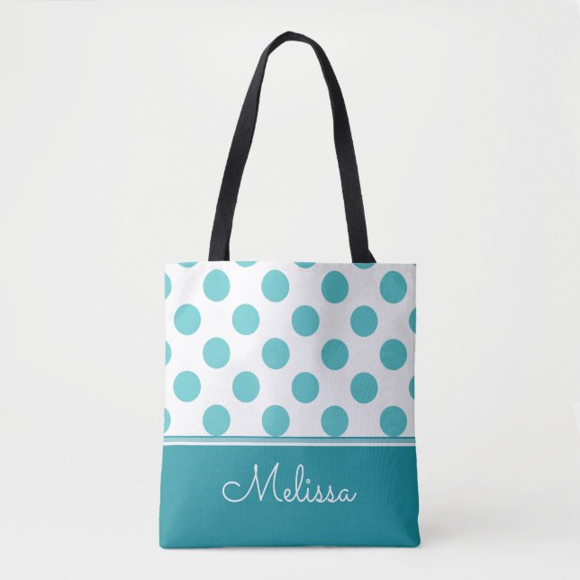 Aquamarine Polka-Punkte| Personalisiert Tasche (Vorderseite)