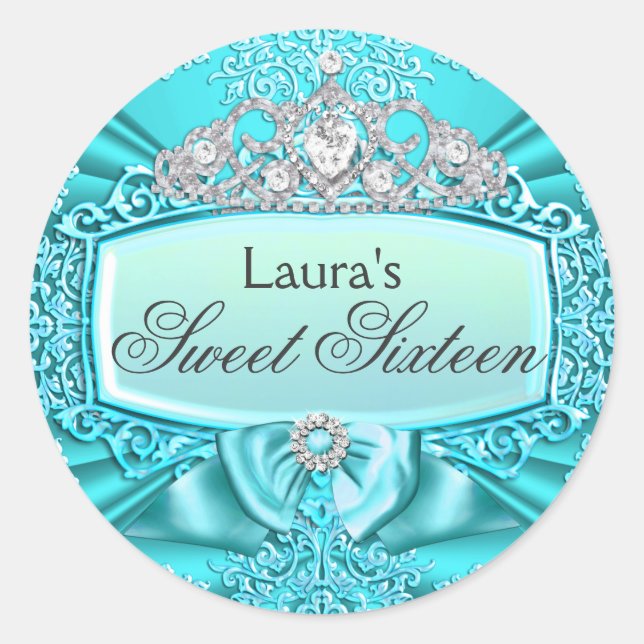 Aquamarine Prinzessin Tiara & Damask Sweet 16 Stic Runder Aufkleber (Vorderseite)