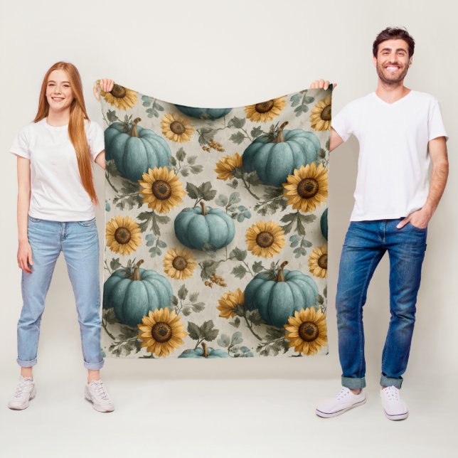 Aquamarine Pumpkins und goldene Sonnenblumen Fleecedecke (Beispiel)