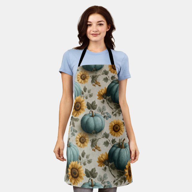 Aquamarine Pumpkins und goldene Sonnenblumen Schürze (Getragen)