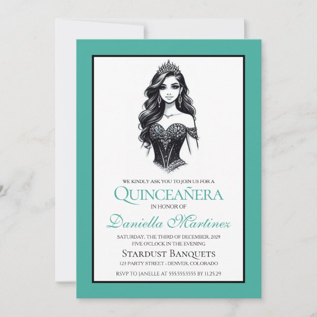 Aquamarine Quinceañera Girl Einladung (Vorderseite)