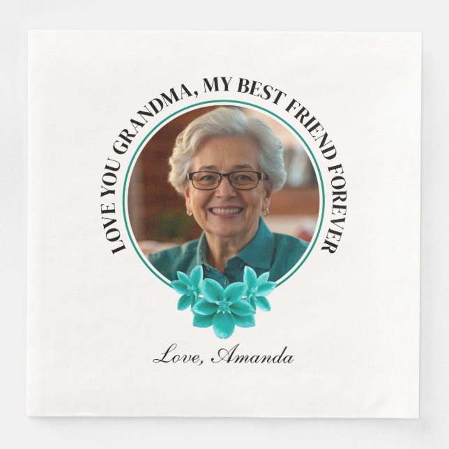 Aquamarine Rahmen-Großmutter mit Blumenmuster zum  Serviette (Vorderseite)