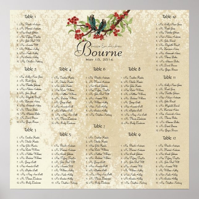 Aquamarine Red Wedding Lovebird Seating Chart 12 T Poster (Vorne)