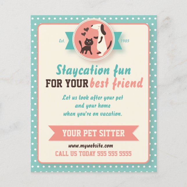 Aquamarine Retro-Katze und Hunde Sitter Flyer (Vorne)