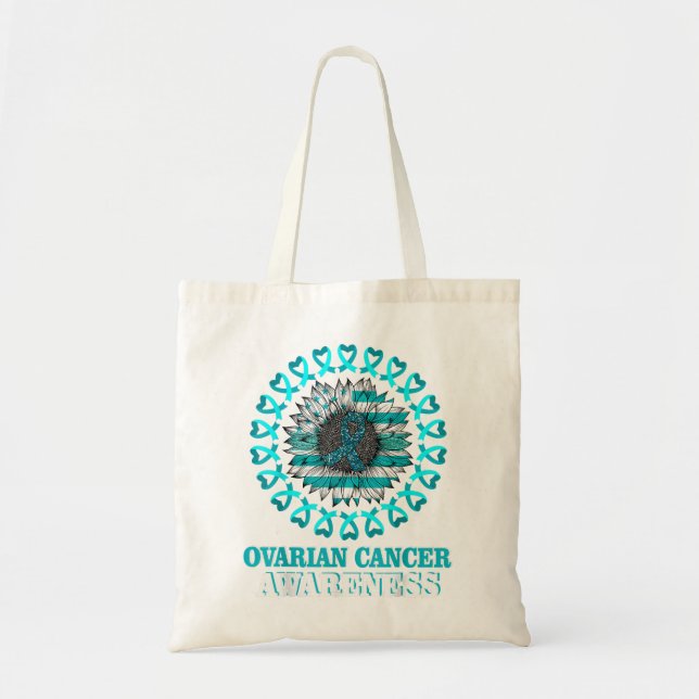 Aquamarine Ribbon-Flagge Sonnenblume Ovarialkarzin Tragetasche (Vorne)