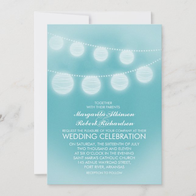aquamarine romantische Laternen Hochzeit Einladung (Vorderseite)