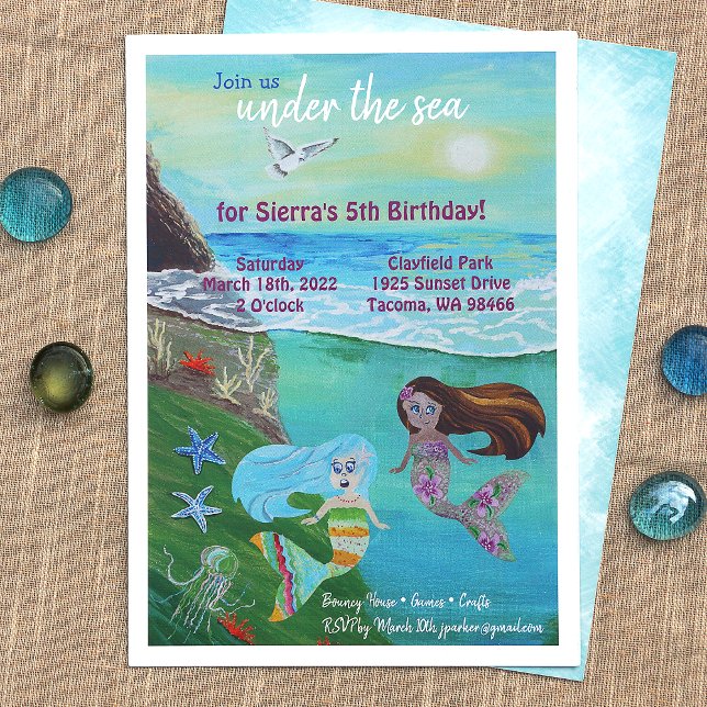 Aquamarine, Rosa, Blaue Meerjungfrau Geburtstagspa Einladung (Girl's Happy Birthday, Mermaids, Undersea Adventure, Octopus Party Invitations)