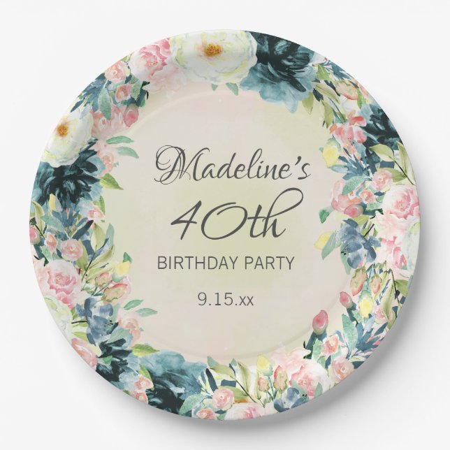 Aquamarine Rosa Creme Floral Women's 40. Geburtsta Pappteller (Vorderseite)