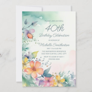 Aquamarine rosa Gelbpastellfarben Blume 40. Geburt Einladung