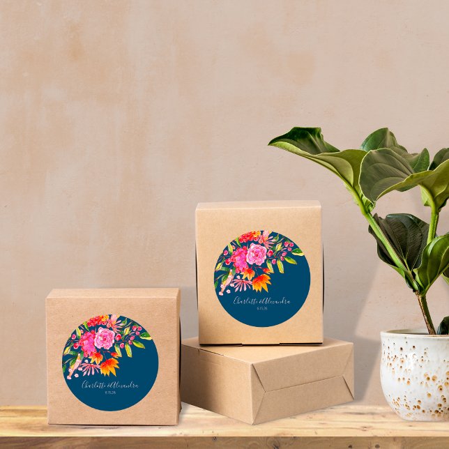 Aquamarine rosa Orangefarbene Hochzeit Runder Aufkleber (Von Creator hochgeladen)