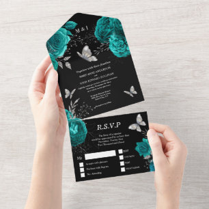 Aquamarine Rose aus schwarzem Silber All In One Einladung