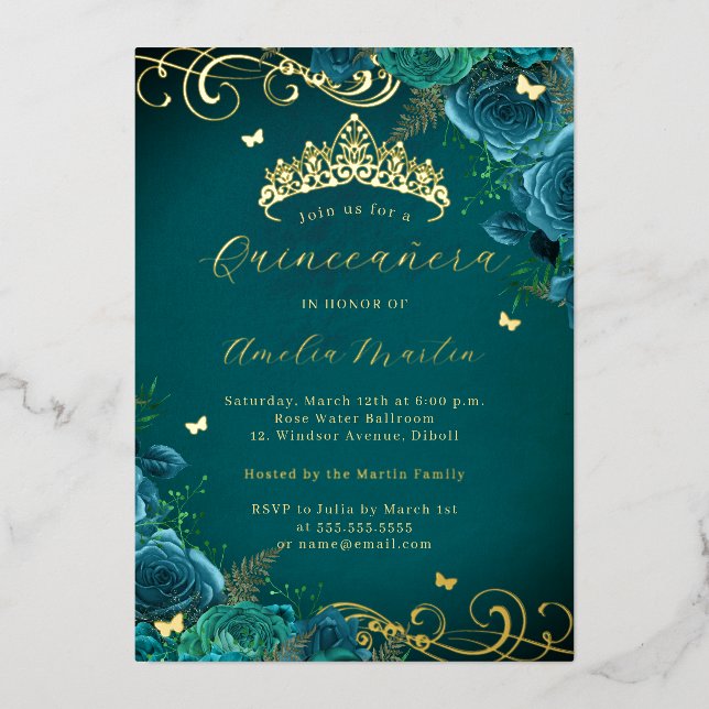 Aquamarine Rose Blumengoldwirbel Quinceanera Folieneinladung (Vorderseite)