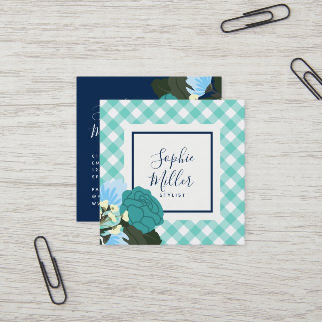 Aquamarine Rose Floral und Mint Gingham Quadratische Visitenkarte (Vorderseite/Rückseite Beispiel)