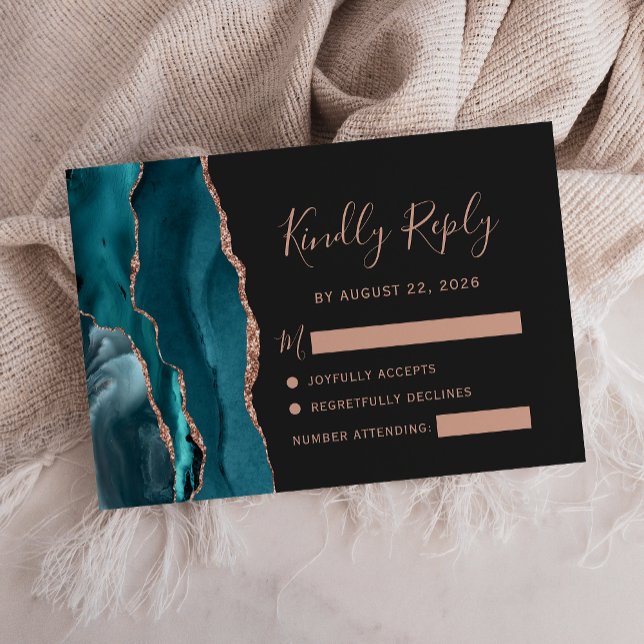 Aquamarine Rose Gold Agate Dark Wedding RSVP (Von Creator hochgeladen)