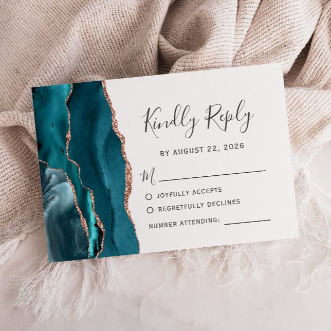 Aquamarine Rose Gold Agate Wedding RSVP Karte (Von Creator hochgeladen)