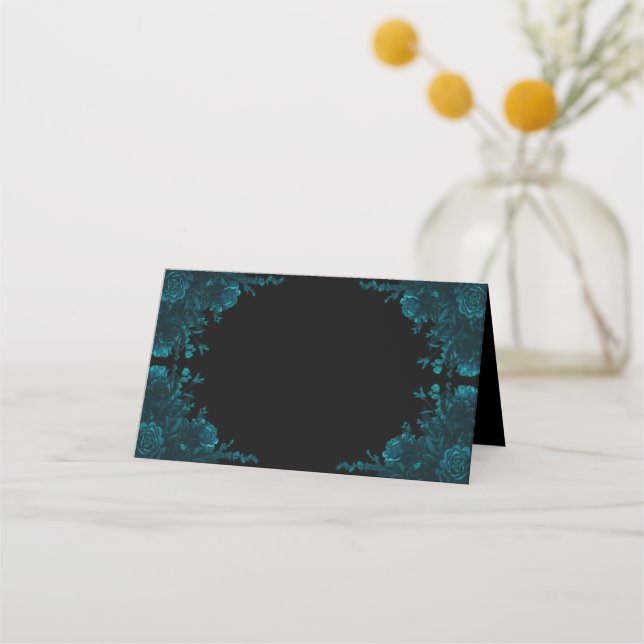 Aquamarine Rose Schwarz-Gotik-Hochzeit Platzkarte (Vorderseite)