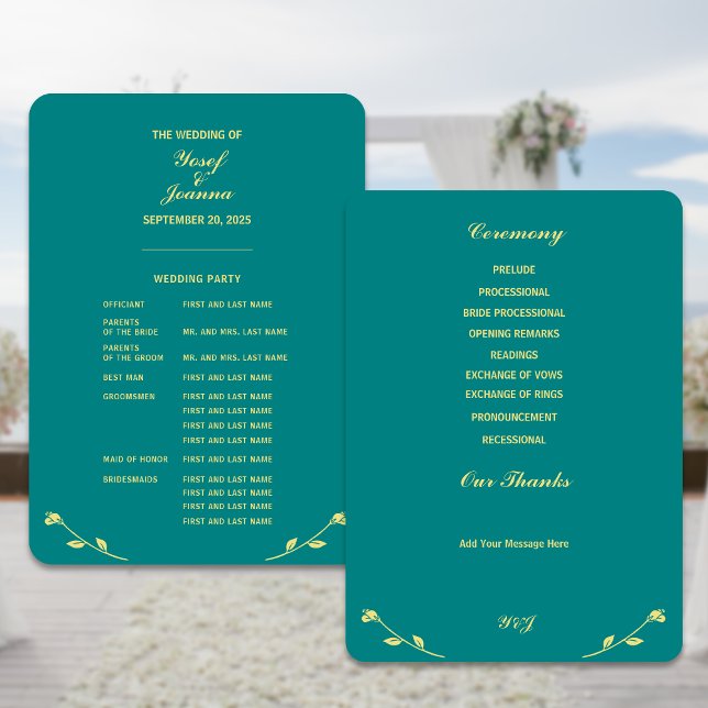 Aquamarine Rose - Vollhochzeitsprogramm Einladung (Create full wedding programs in beautiful teal and gold color)