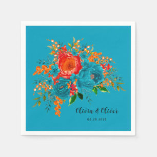Aquamarine Rote Orange Botanische Blumenhochzeit Serviette