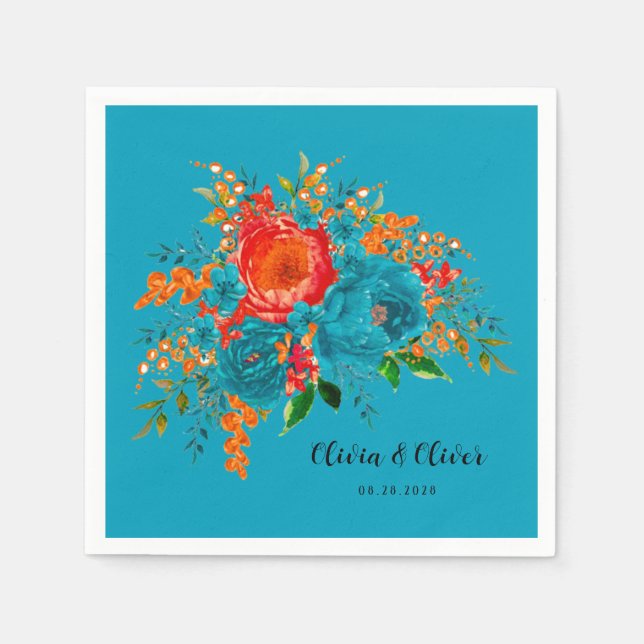 Aquamarine Rote Orange Botanische Blumenhochzeit Serviette (Vorderseite)