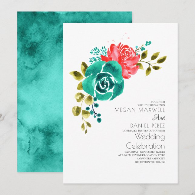 Aquamarine Rote Rosen Boho Floral Wedding Einladung (Vorne/Hinten)