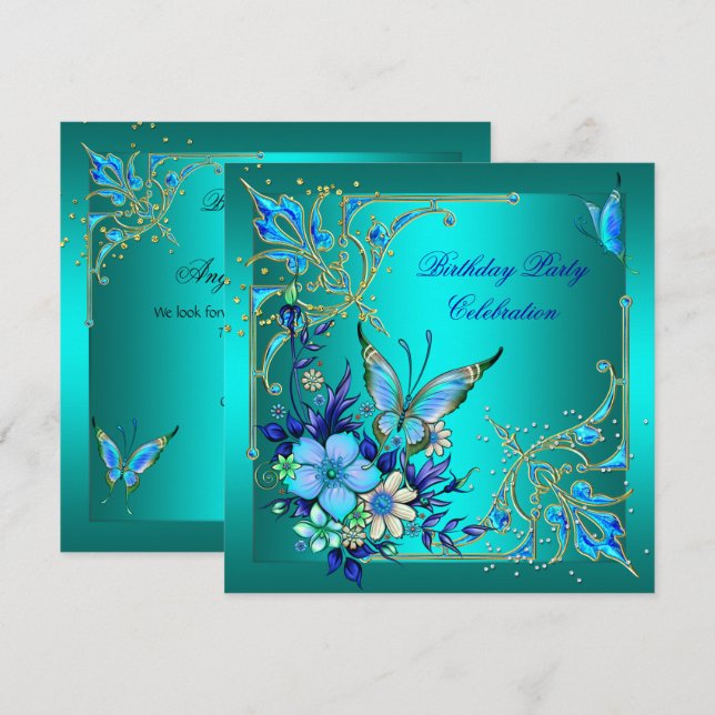 Aquamarine Royal Blue Butterfly Geburtstagsparty Einladung (Vorne/Hinten)