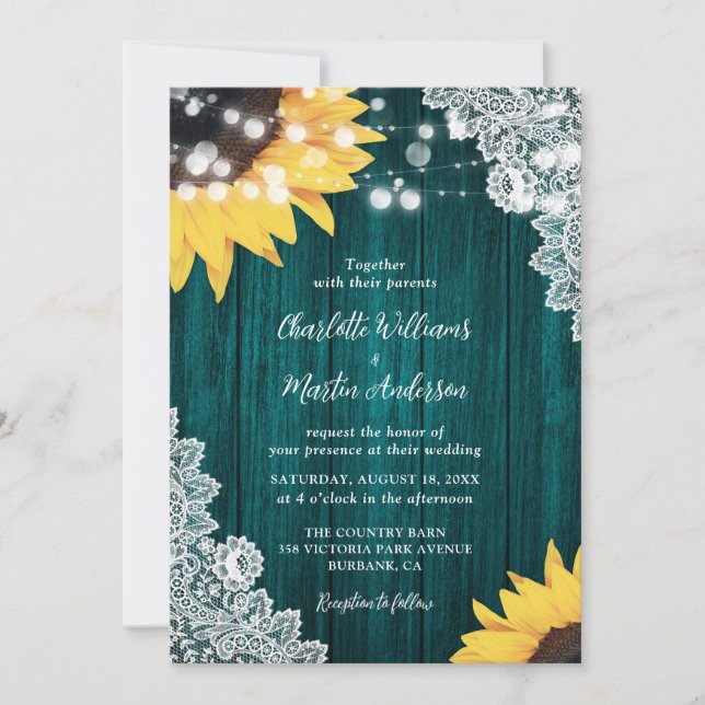 Aquamarine Rustikale Hochzeit der Sonnenblumen Einladung (Vorderseite)