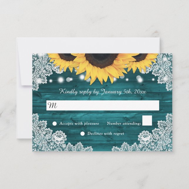 Aquamarine Rustikale Hochzeit der Sonnenblumen RSVP Karte (Vorderseite)