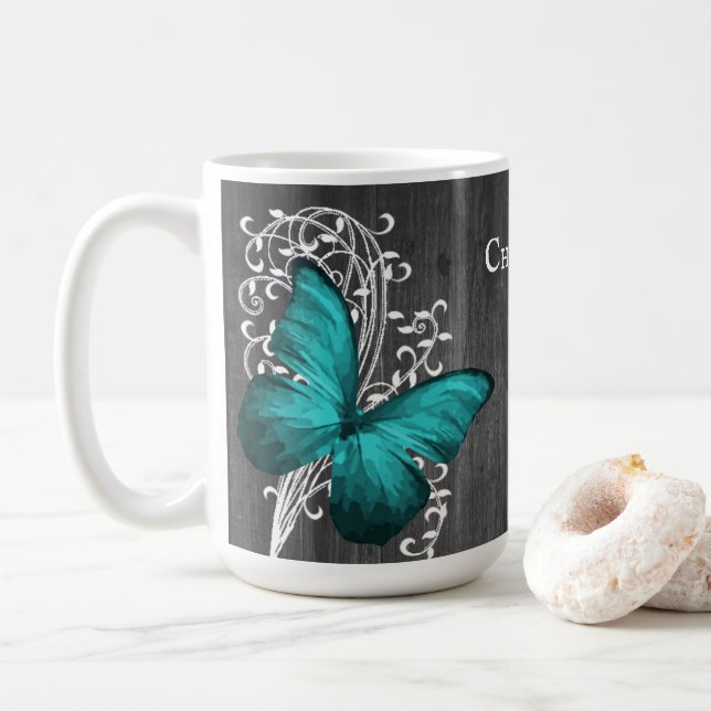 Aquamarine rustikale Schmetterling Personalisierte Kaffeetasse (Mit Donut)