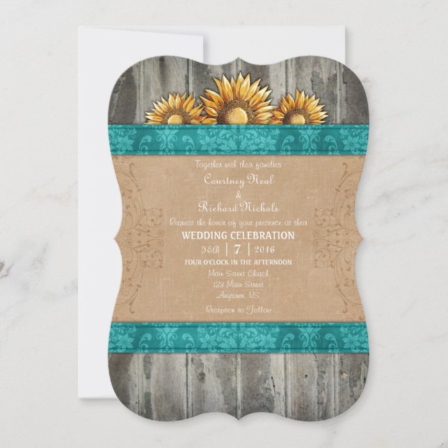 Aquamarine rustikale Sonnenblume-Hochzeit Browns Einladung (Vorderseite)