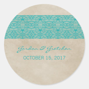 Aquamarine Rustikale Spitzen-Hochzeitskleber Runder Aufkleber