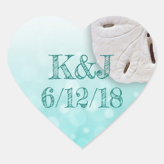 Aquamarine Sand-Dollar-Hochzeitsticker Herz-Aufkleber (Vorderseite)