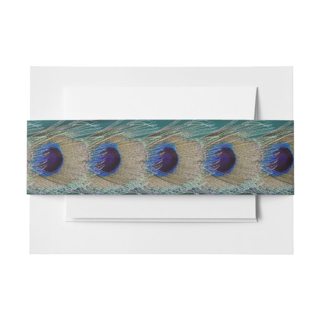 Aquamarine Satin- und Pfauenfeathers-Bauchband Einladungsbanderole (Vorderseite Beispiel)