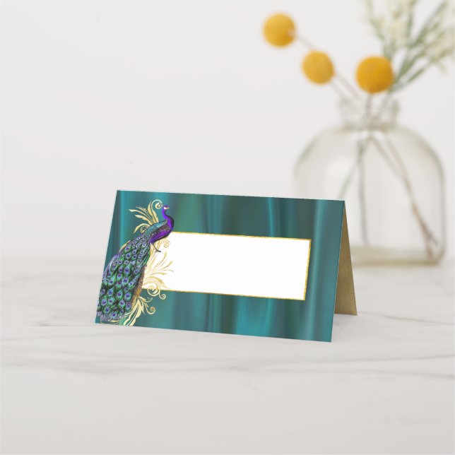 Aquamarine Satin- und Pfauenhochzeitung - geklappt Platzkarte (Vorderseite)