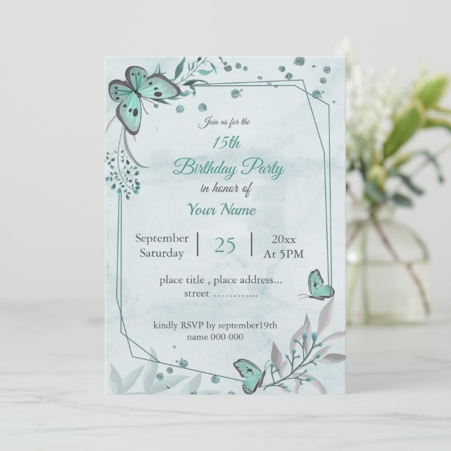 aquamarine Schmetterlinge Blätter Blumengebäck Geb Einladung (Stehend Vorderseite)