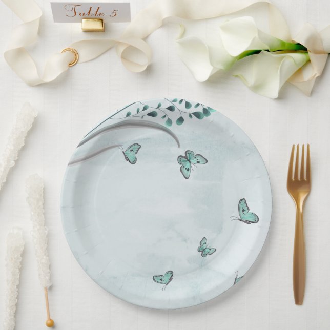 aquamarine Schmetterlinge Blätter Blütenblütenblüt Pappteller (Hochzeit)
