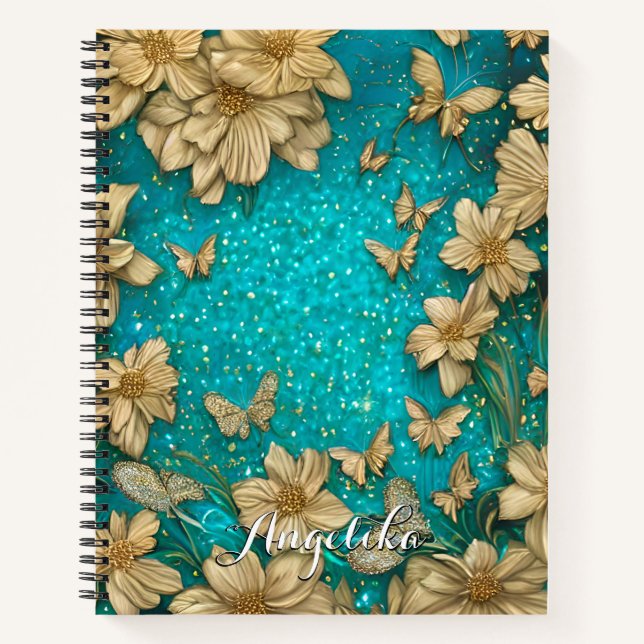 Aquamarine Schmetterlinge Imitate Gold Glitzer Ind Notizbuch (Vorderseite)